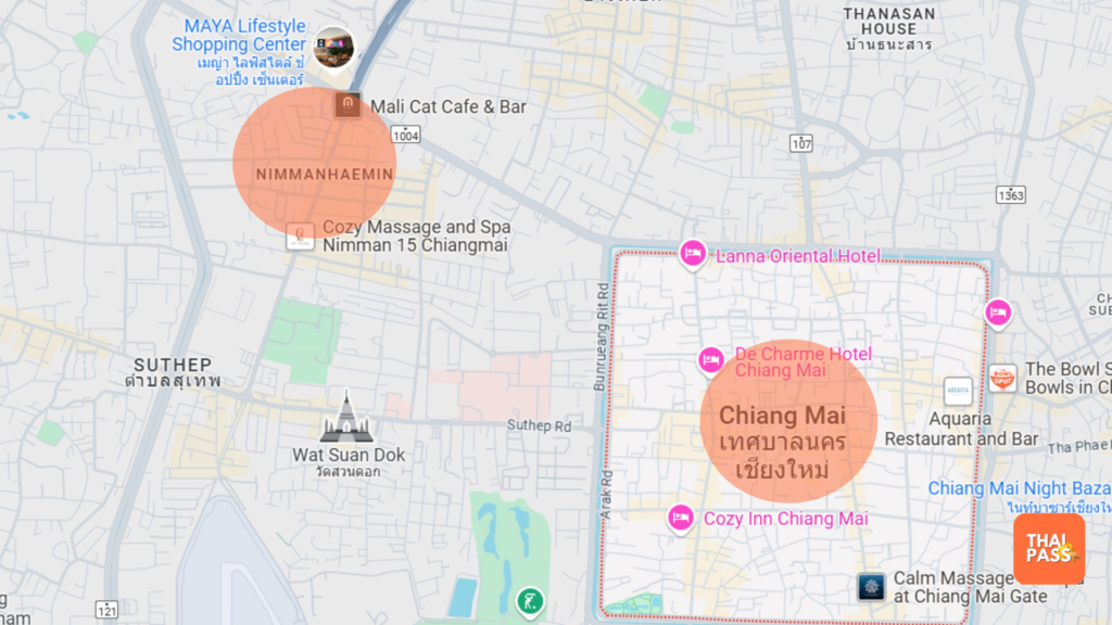 Map of Chiang Mai highlighting the Nimmahaemin and Central Chiang Mai area - Thai Pass