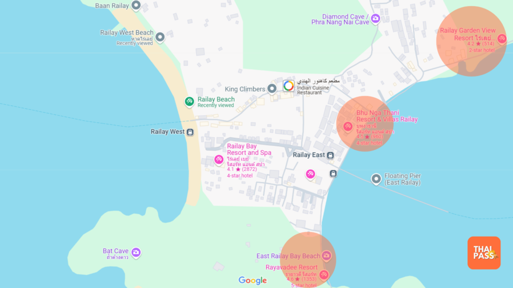 Map of Ao Nang highlighting the Railay Beach area - Thai Pass