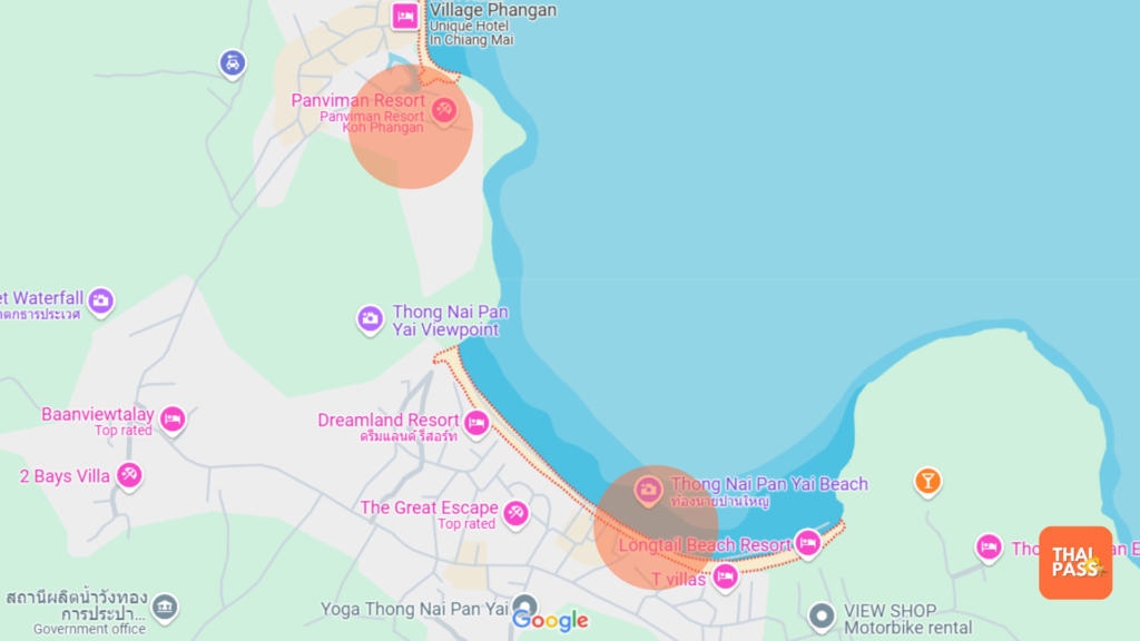 Map of Koh Phangan highlighting the resorts - Thai Pass