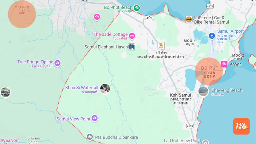 Map of Koh Samui highlighting the Boput and Maenam area - Thai Pass