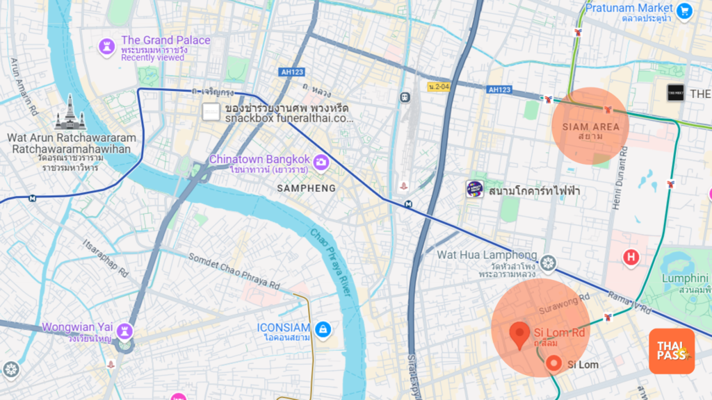 Map of Bangkok highlighting the Silom and Siam area - Thai Pass