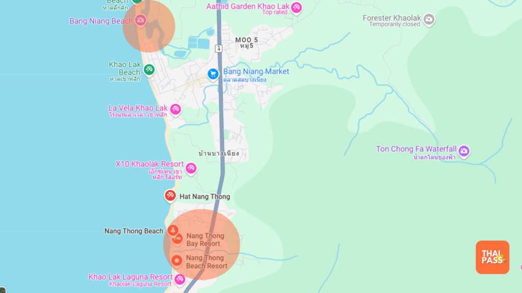 Map of Khao Lak highlighting the Bang Niang and Nang Thong Beach area - Thai Pass