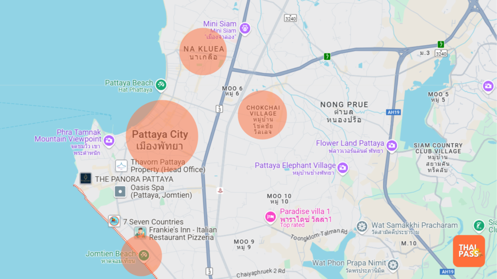 Map of Pattaya highligting the Nakluea, Central Pattaya City, Jomtien Beach, Chokchai Village area - Thai Pass