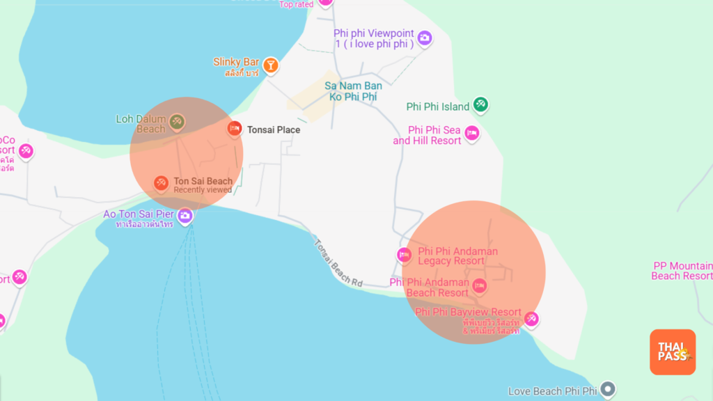 Map of Phi Phi Island highlighting the Ton Sai Beach and Phi Phi Islands resorts - Thai Pass