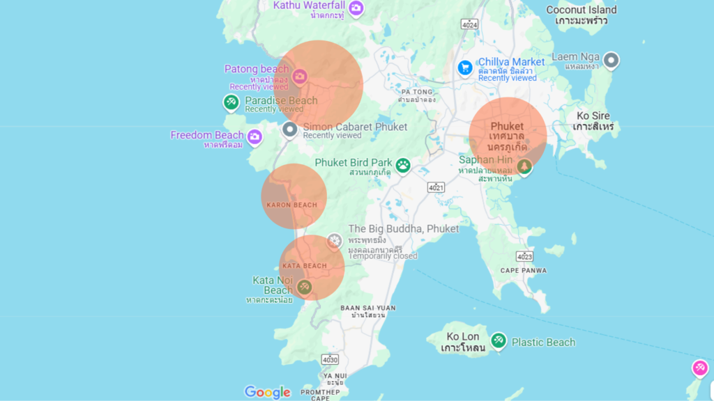 Map of Phuket highlighting the Kata, Karon, Patong Beach and Central Phuket area - Thai Pass